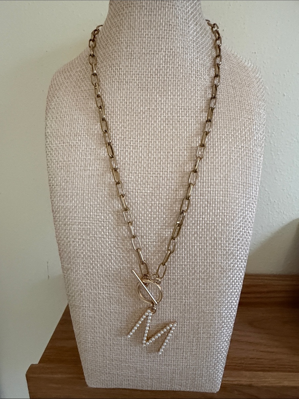 Gold Chain Necklace with Pearl 'M' Initial Charm